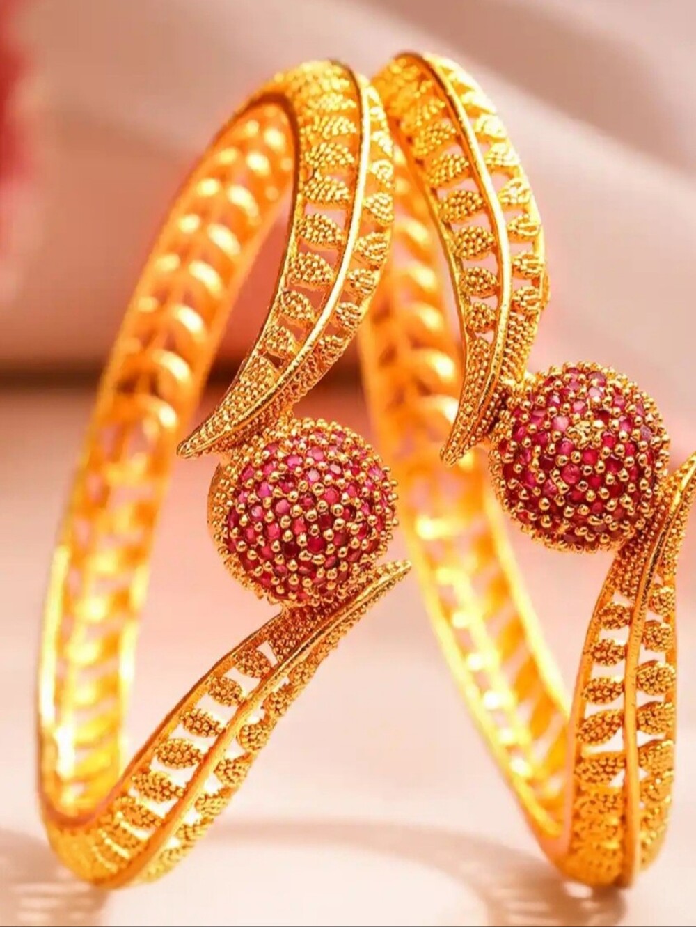 Gold Plated Red Stone Textured Statement Bangles Set Size 2.8 - Picture 3 of 4